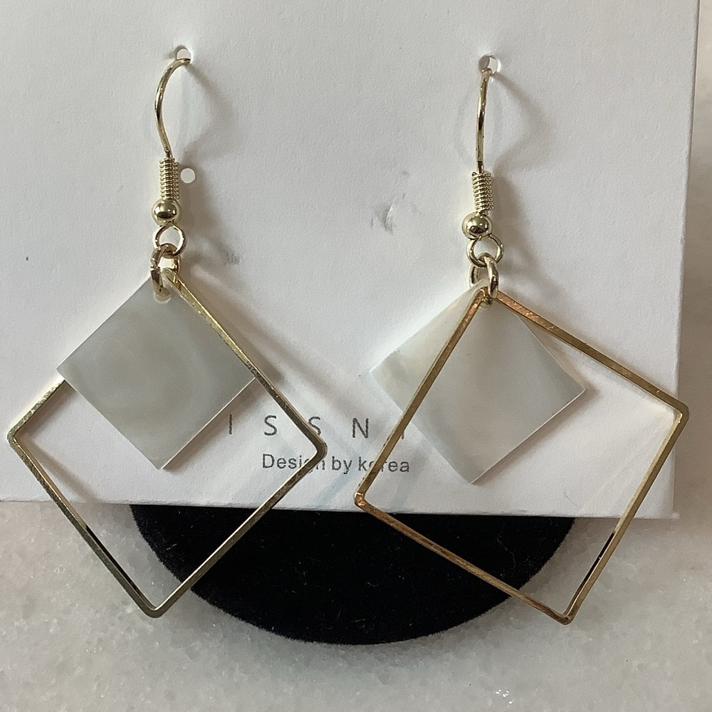 Gold-Frame Earrings with White Geometric Accent, Brand New